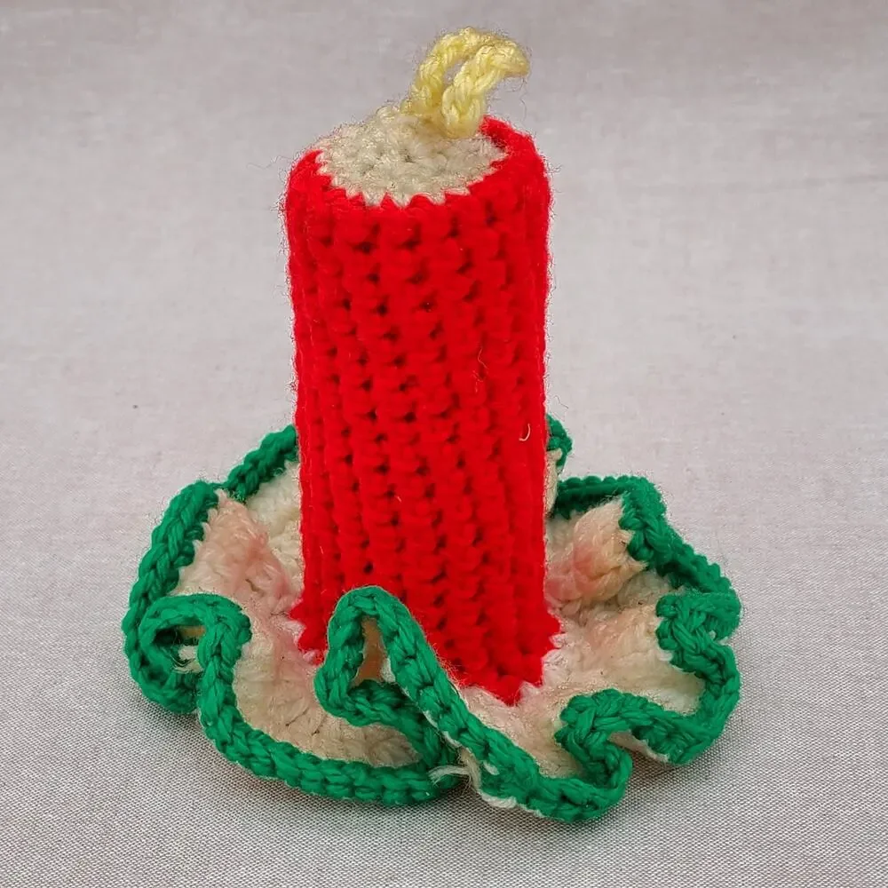 Vtg Red Green Hand Crocheted Christmas Candle on Toilet Paper Roll Granny Core